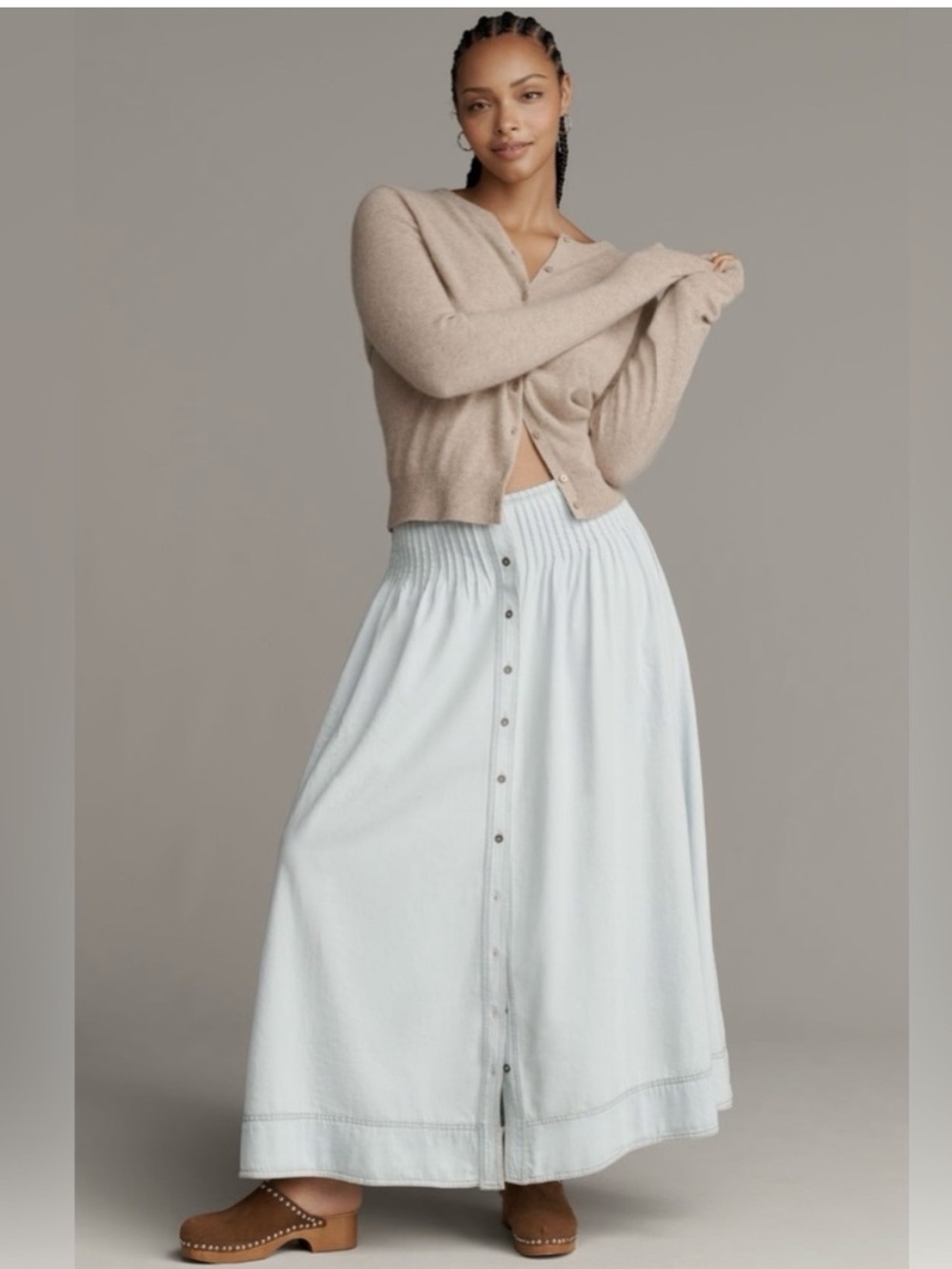 Anthropologie Pilcro Light Wash Cotton Pintuck Basque-Waist Denim Maxi Skirt XL - Picture 2 of 16